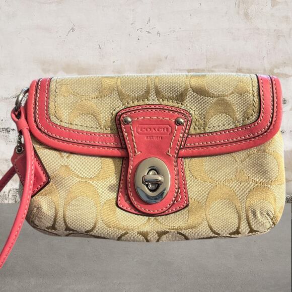 Coach Legacy Mini Wristlet/Demi Bag Khaki Signature Canvas w/Coral Trim - Picture 1 of 8